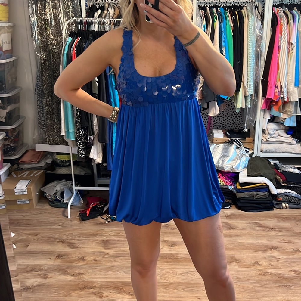 Alice + Olivia Y2K Bright Blue Paillette Silk Bubble Dress